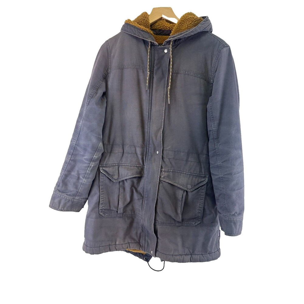 Patagonia Insulated Prairie Dawn Parka Coat Zip Hood Canvas Navy Womens Large